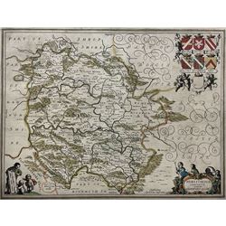 Jan Jansson (Dutch 1588-1664): 'Herefordia Comitatus Vernacule - Herefordshire', 17th century engraved map with hand-colouring, pub. Amsterdam c1647, French bookplate verso 37cm x 49cm (unframed)