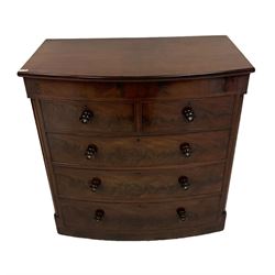 Victorian style mahogany bow front chest of drawers, fitted with two short and three long drawers