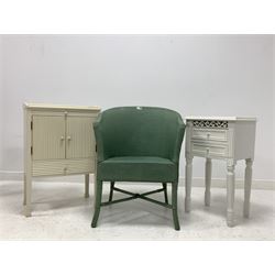 White painted bedside lamp table with slide, cupboard and drawer (W51cm) together with  another painted bedside (W41cm), and a Lloyd Loom style chair (W60cm)