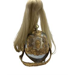Post-1953 Life Guards helmet pattern 1871, silver-plated skull decorated with gilt brass laurel and oak leaf design, gilt brass front plate with order of the garter, gilt rose ear bosses, support a gilt brass leather backed chin chain, white horsehair plume and leather liner, H42cm