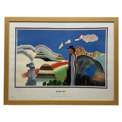 After David Hockney (British 1937-): 'Rocky Mountains and Tired Indians 1965' Royal Academy Pop Art, colour lithograph poster pub. 1991, 59cm x 78cm