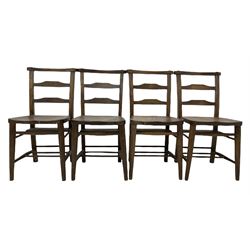 Set four beech and elm chapel chairs, the shaped seat raised on turned supports supports W42cm