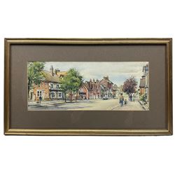 Harry Sheldon (British 1923-2002): 'Saturday Morning - Berkhamsted' 'The Almshouses - Northchurch' and 'The Yew Tree by St Peters - Berkhamsted', set three watercolours signed, titled and dated 1981-1982 verso max 14cm x 34cm (3)