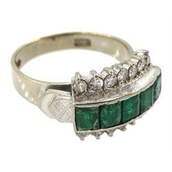 14ct white gold emerald and diamond three row ring, five channel set baguette cut emeralds, with a row of round brilliant cut diamonds either side, stamped 585