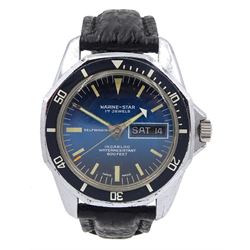 Marine-Star 600 feet gentleman's stainless steel self winding wristwatch, blue dial with day/date aperture, on black leather strap