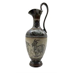 Doulton Lambeth stoneware ewer by Hannah Barlow, Sgraffito decorated with a band of Goats, inscribed monogram and numbered 414 H36cm 