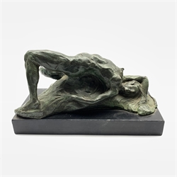  Bronze study of a nude girl by B.C Zheng on black marble plinth, L  