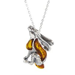 Silver Baltic amber moon gazing hare pendant necklace, stamped 925 