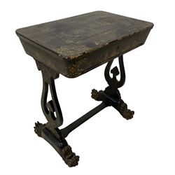 Early 19th century Chinoiserie work or sewing table, the hinged lid decorated with foliate and faint figural scenes, the interior fitted with various lidded compartments, carved bone handles, shaped and pierced end supports on paw carved sledge feet 
