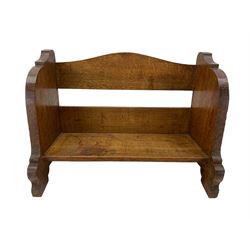 20th century oak book trough, with carved ends, designed and made by T.J. Tresidder, L36.5cm x H25cm