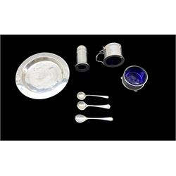 Three silver condiments of circular design, various dates  and an Asahi sterling silver saucer dish D11cm 4.2oz