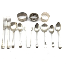 Two Georgian silver teaspoons, pair of silver sugar tongs, pair of rat tail pattern forks by Harrods, Sheffield 1933, other silver flatware and three silver serviette rings approx 9.7oz 
