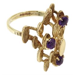 9ct gold abstract design ring set with three amethysts, hallmarked