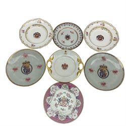 Group of 19th century armorial plates, including pair Davenport soup plates, with floral painted borders, D25.5cm, pair of Chinese export plates, two armorial plates and Vista Alegre, Portugal sandwich plate (7)