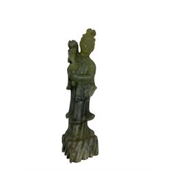Large Chinese prunus bottle vase H45cm, Chinese carved greenstone figure depicting Guanyin, together with a pair of early 20th century Chinese brass vases modelled as a hand holding a cornucopia with incised decoration H22cm (4)