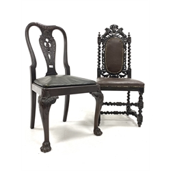  19th century Anglo-Indian hardwood dining chair, carved cresting rail over pierced splat, drop in seat pad, raised on cabriole front supports with hairy paw feet, (W56cm) together with a Victorian carved oak hall chair, (W43cm)  
