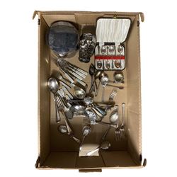 Various silver-plated teaspoons, circular jar and cover and other flatware in one box