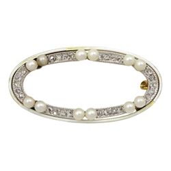 Early 20th century 15ct gold milgrain set diamond and pearl oval brooch, with white enamel border, in Collingwood velvet and silk lined box 