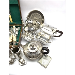 Art Deco three piece silver-plated tea set, early 20th century oak cased canteen of silver-plated cutlery, Edwardian mother-of-pearl handled fish knives and forks and other silver-plate 