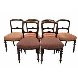 Set six Victorian walnut dining chairs, incised crest rail over floral carved bar back, upholstered seat pads, raised on turned supports W49cm