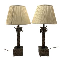 Pair of table lamps formed as palm trees, on square bases with shades, H79cm overall