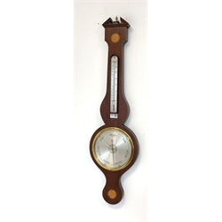  George III style mahogany wheel barometer with inlaid paterae and silvered registers, H97cm  