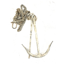 Wrought metal anchor and chain, H69cm