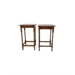 Near pair of oak occasional tables, the square top with moulded edge, raised on spiral turned and square supports W46cm, H72cm, D46cm