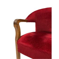 Oak framed tub shaped office desk chair, upholstered in textured crimson fabric with sprung seat