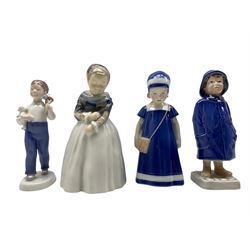 Three Royal Copenhagen figures of children comprising, Elsa no.404, Amager Girl no. 1251, Boy with Raincoat no.532 together with Bing and Grondhal no.2398 max H19cm (4)