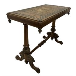19th century parquetry wood specimen top table, the parquetry top over turned supports, united by a stretcher  