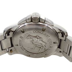 Longines Conquest gentleman's stainless steel quartz chronograph wristwatch, Ref. L3.701.4, on original stainless steel strap