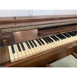  Early 20th century Art Deco 'Eavestaff' Miniature upright piano, overstrung, in walnut case,  Patent No 377641, (W141cm)  together with a walnut stool with upholstered seat,   