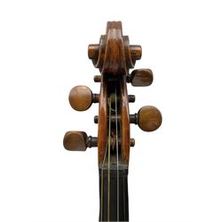 Mid-19th century violin by John Wouldhave (British 1805-1877): two-piece maple back, ribs and spruce top, LOB 37.5cm, overall 60cm, signed label to the interior 'John Wouldhave Maker North Shields 1855' and signed on the back 'Wouldhave North Shields', in carrying case with two bows