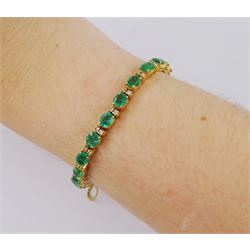 18ct gold oval cut emerald and round brilliant cut diamond bracelet, stamped