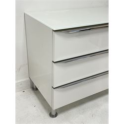 Hülsta Metis Plus - white gloss, opaque glass and polished metal three drawer chest, retailed by Redbrick Mill of Batley