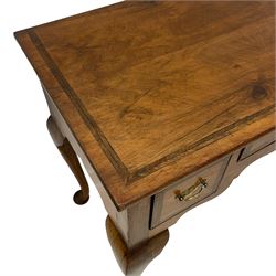 Georgian design walnut lowboy, rectangular bookmatched top over three oak-lined drawers each with featherbanded and cock-beaded facias, the shaped apron over cabriole supports
