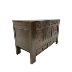 18th century and later oak mule chest, hinged top over scrolled foliate carved frieze, triple panel front carved with floral lozenges, fitted with single long drawer, stile supports