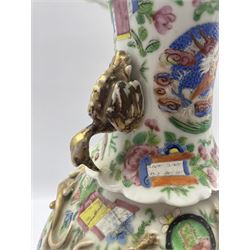 19th century Cantonese two handled baluster vase decorated with mythical animals, flowers etc , the handles formed as cranes H42cm