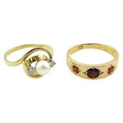 Early 20th century 18ct gold gypsy set three stone garnet ring and a 14ct gold pearl and diamond ring with openwork setting