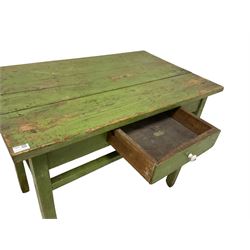 Early 19th century painted pine side table, rectangular top over single drawer, raised on square supports, in forest green finish