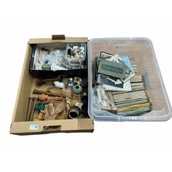 Collection of thimbles, cigarette card albums, studio pottery, carved wooden decorative items etc in two boxes