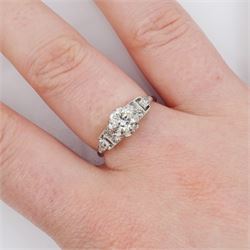 Platinum single stone old cut diamond ring, with milgrain set diamond stepped design shoulders, principal diamond approx 0.40 carat