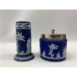 Early 19th century Willow pattern sauceboat, Newhall 'Knitting Wool' pattern sauceboat, no. 195, Miles Mason sauceboat, German Tettau blue and white feeding cup, Millward Jasperware spill vase, bisque figure depicting Lady Godiva etc