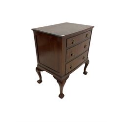 20th century mahogany chest, fitted with three graduated drawers, raised on ball and claw feet 