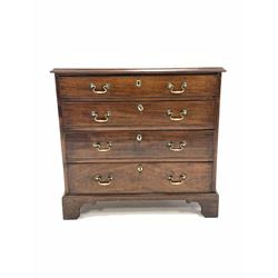Small Georgian mahogany straight front chest, fitted with four long graduated cock beaded drawers and brass drop handles, raised on bracket supports W86cm, D46cm, H83cm
