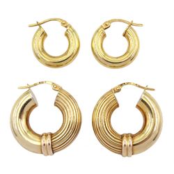 Pair of 9ct gold hoop earrings and one other smaller pair of 9ct gold hoop earrings, both stamped 375