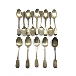 Set of six George IV silver fiddle pattern tea spoons London 1825 and eight other 19th century silver fiddle pattern tea spoons 9oz (14)