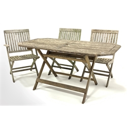 Slatted teak folding garden table (150cm x 80cm, H73cm) and three (2+1) teak folding garden chairs, (W50cm) 