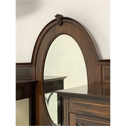 Edwardian inlaid mahogany drop centre display cabinet, oval bevelled edge mirror back, display cabinets enclosed by astragal glazed doors, bow fronted cupboard inlaid with ribbon and husks, W122cm, H192cm, D42cm